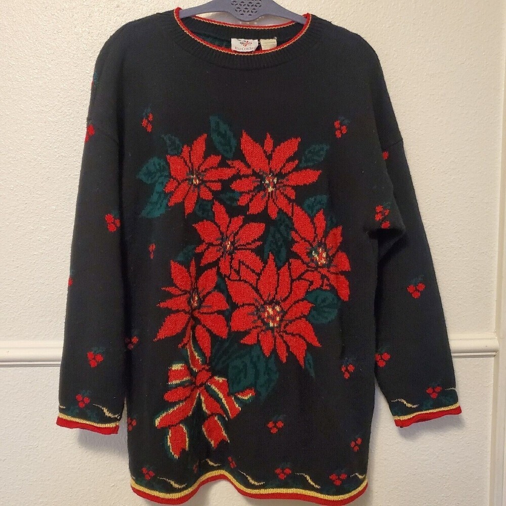 Vintage Nutcracker Ugly Christmas Party Sweater Floral Puensetia Sz‎ L EUC